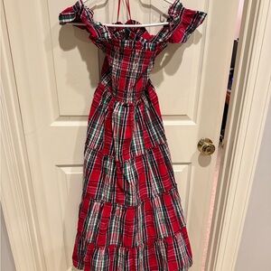 Red Plaid ruffled wide-strapped smocked dress